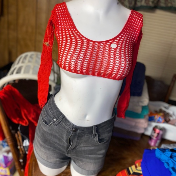 Tops - Red Mesh Crop Top